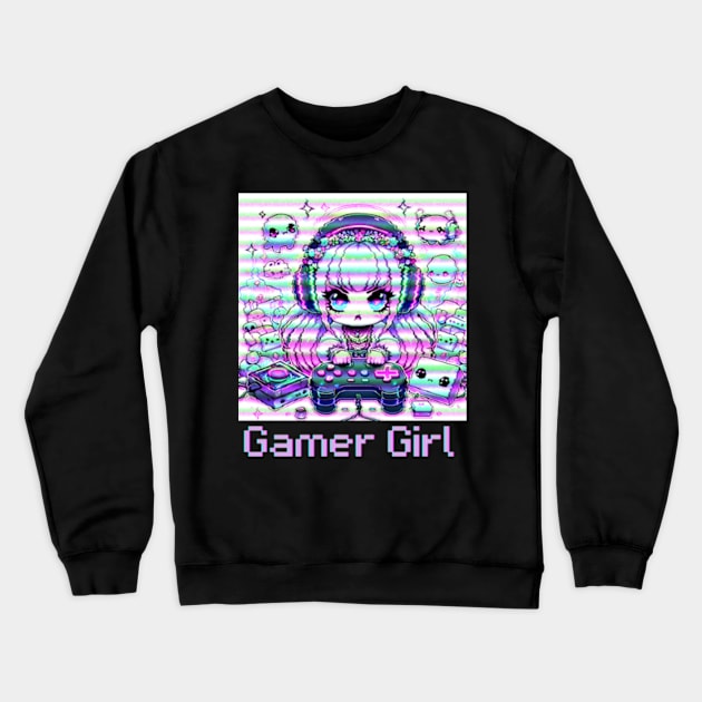 Gamer Girl Anime Retro Glitch Crewneck Sweatshirt by Lavender Celeste